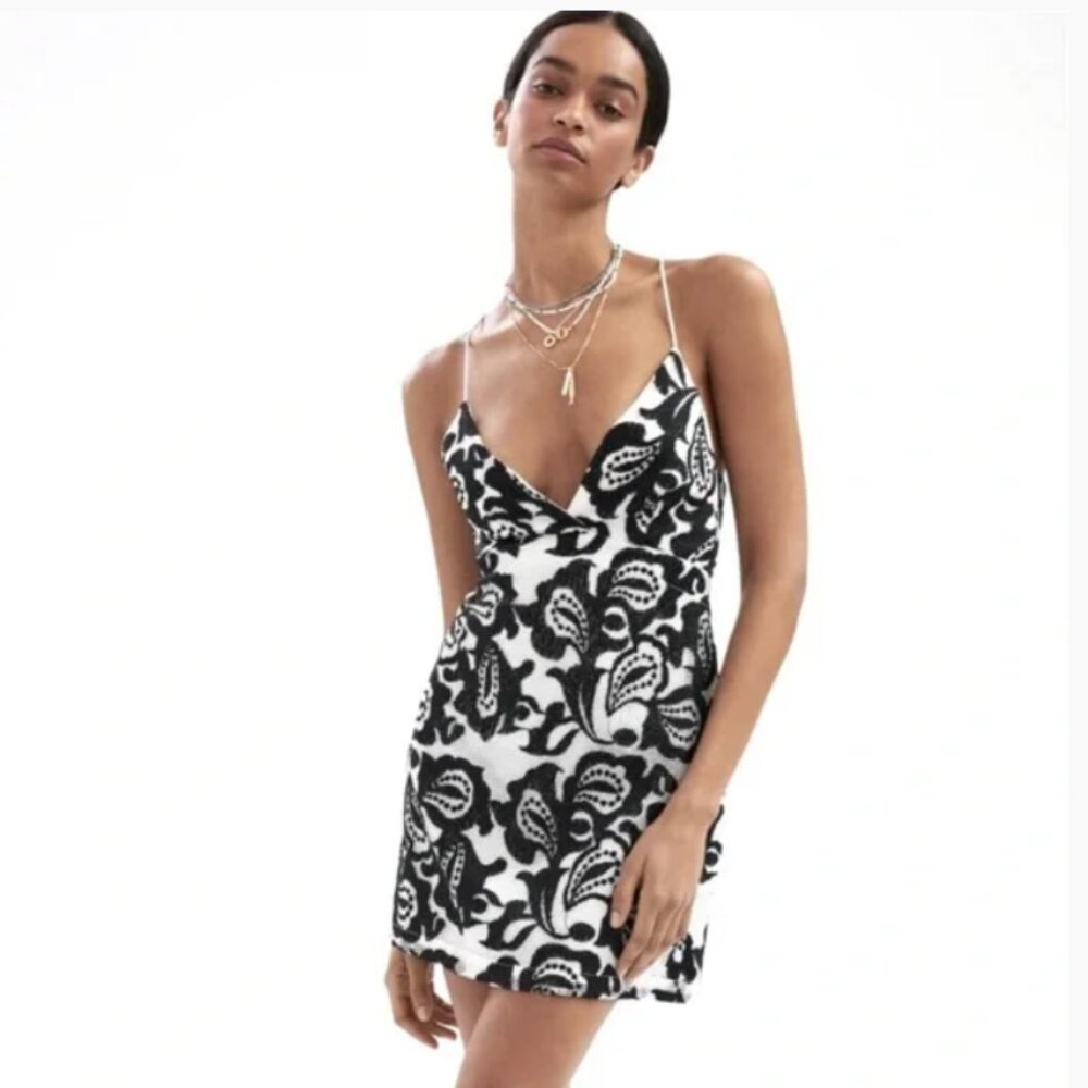 Anthropologie Maeve Lace Dress, Floral, Black and White, Size Large, mini